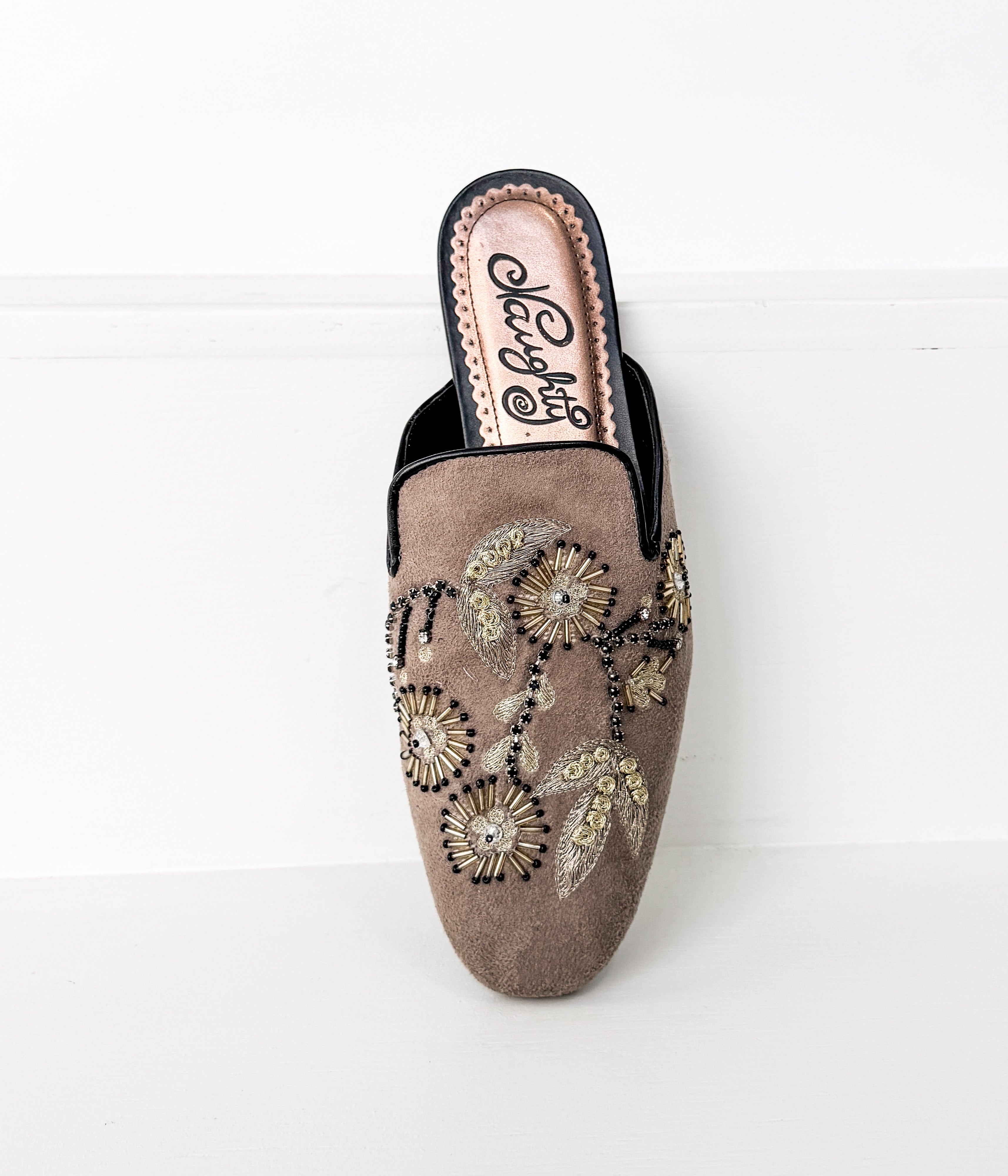 Floral Island Taupe Suede Mules With Embroidered Detail Naughty Monkey